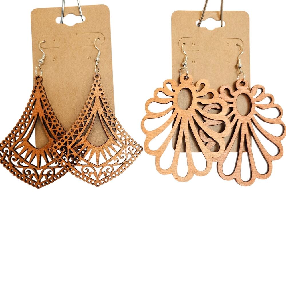 Wood Earrings Lot of 2 Laser Cut Lightweight Dangle Boho Statement Drop 3" Gift